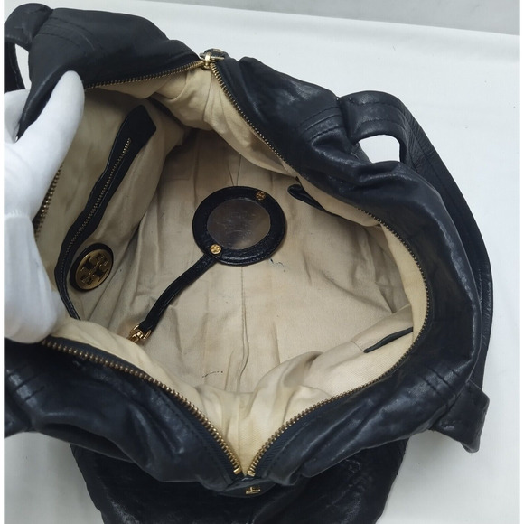 Tory Burch Black Soft Leather Double Handles Satchel Shoulder Bag W/ Mirror - Picture 10 of 16